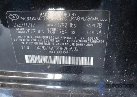 2013 Hyundai Elantra Limited z USA, uszkodzony, nr VIN 5NPDH4AE2DH265992